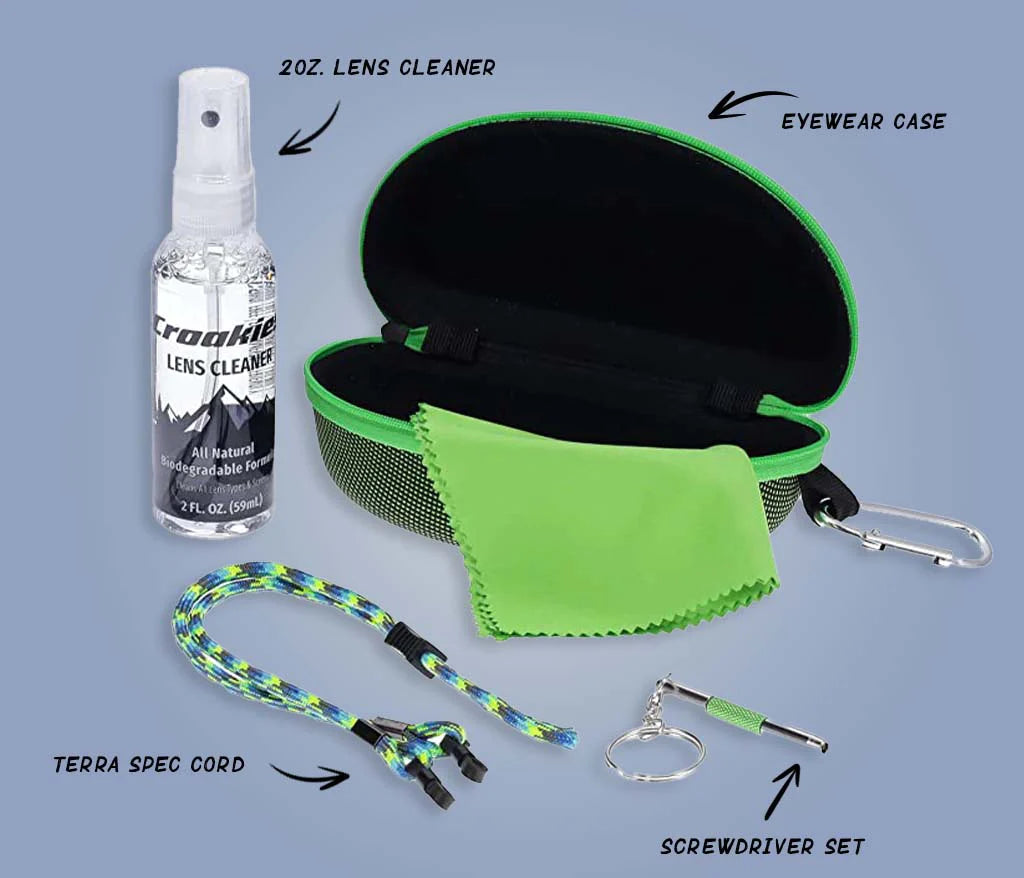 Croakies eyewear care kit green. Includes: 2 ounces lens cleaner, eyewear case, terra spec cord, and screwdriver set.