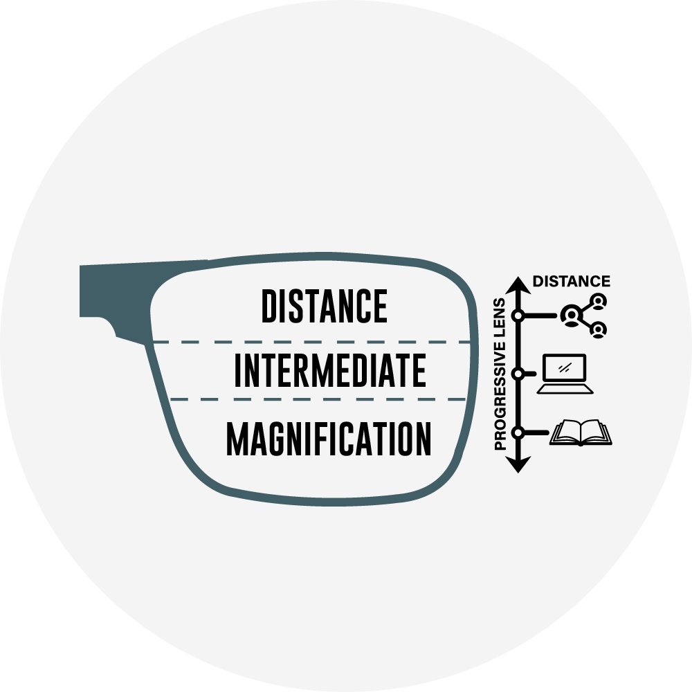 Distance - Intermediate - Magnification - Progressive lens