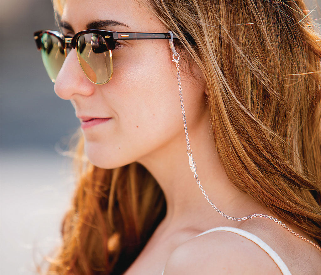 Women Wearing Croakies Single Leaf Sunglass Strap Silver